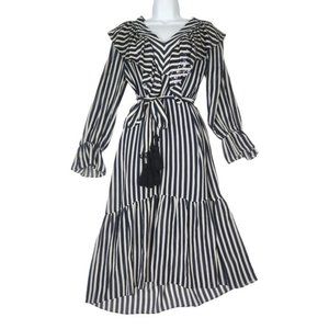 Figue Striped Long-Sleeve Carla Silk Midi Dress Sequined V-Neck Tassel Tie Small